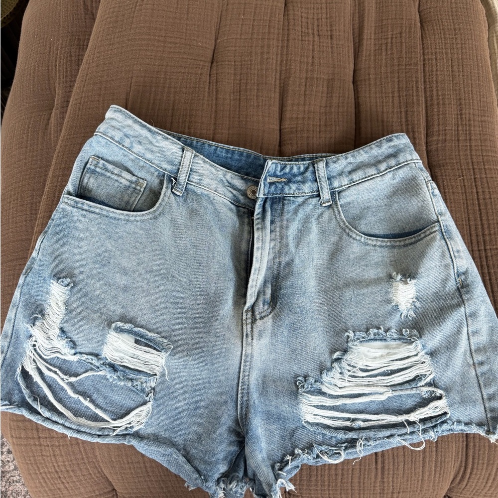 SHEIN Light Blue Ripped Denim Shorts